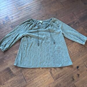 J. Jill Women's Large Blouse Olive Green Eyelet 3/4 Sleeve Top Shirt Boho Tassle
